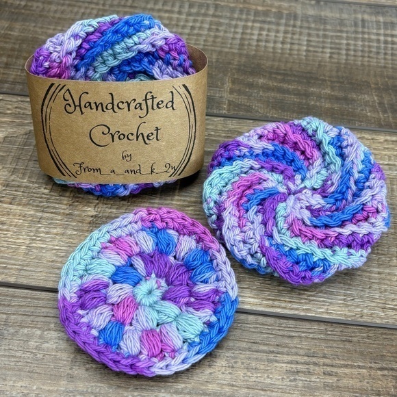 Handcrafted Crochet Spiral Tawashi and Face Round Scrubbies Set Cotton Yarn - Picture 1 of 6